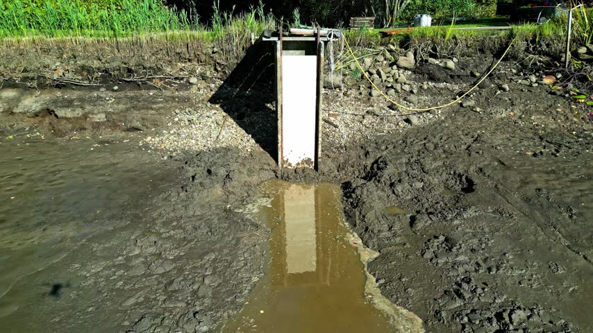 Aerial view of a metal sluice gate installed in a muddy riverbank with water flowing through the structure in Latvia.
