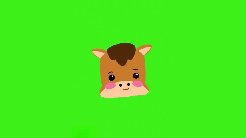 Cute cartoon horse face with a brown mane, rosy cheeks, and a friendly expression on a bright green chroma key background. Ideal for children’s content, farm animal projects, equestrian themes, stickers, educational videos, and playful motion graphics.
