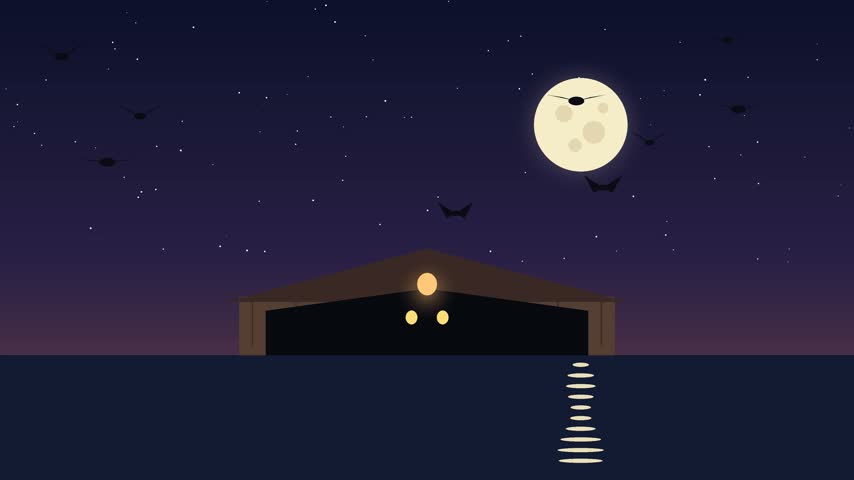 This vector illustration depicts a covered bridge standing in silhouette against a dark, starry night sky. A full moon illuminates the scene, while bats fly around the bridge and its reflection appears on the water below.