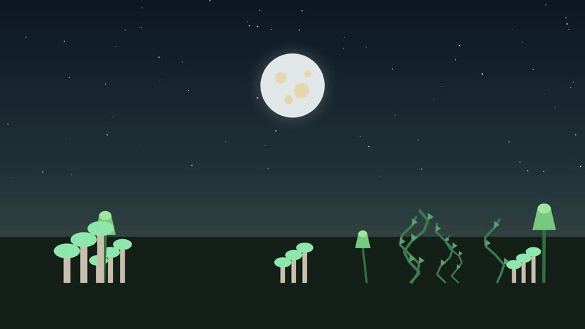 This animation depicts plants growing and then wilting under the light of a glowing orb in a nighttime garden. The sequence shows a cycle of life and decay, with the plants’ health visibly changing over time.