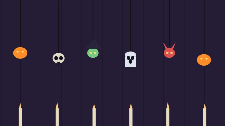 This vector illustration features a series of Halloween masks—ghosts, pumpkins, and devils—dangling from strings against a dark purple wall. The flat design is suitable for festive holiday decorations and party invitations.