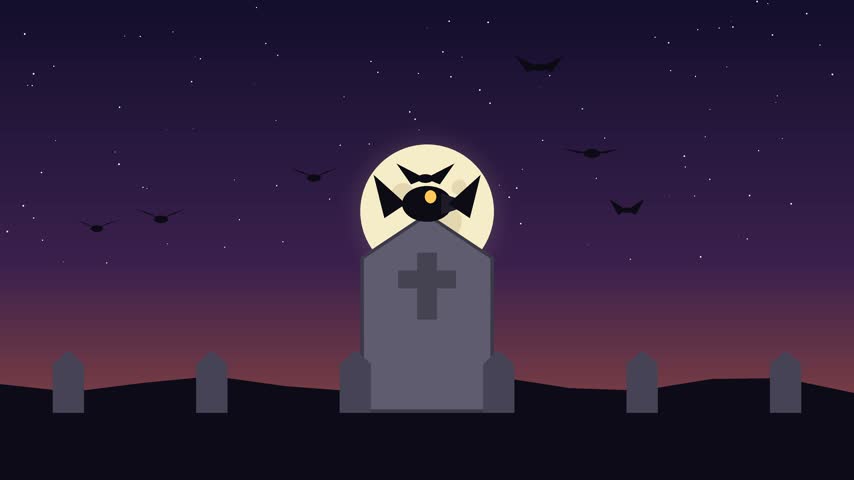This vector illustration depicts a crow perched on a tombstone in a graveyard at dusk. The scene features a full moon, starry sky, and numerous gravestones silhouetted against a dark purple and violet gradient. The artwork evokes a spooky and