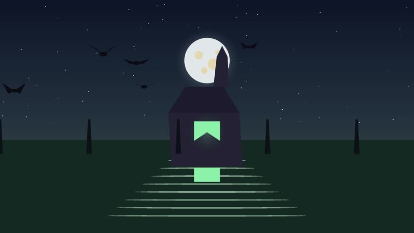 This illustration depicts a gothic church emerging from water, illuminated by a bright moon and surrounded by flying bats. The scene is set at night, with a starry sky and a dark, moody atmosphere. The style is a flat vector