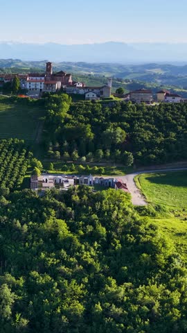 Aerial view over lush vineyards and forests toward a scenic hilltop village in Piedmont, Italy.