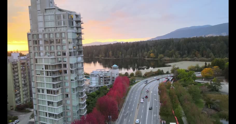 Vancouver and Stanley Park Drone Footage at Sunset, British Columbia, Canada