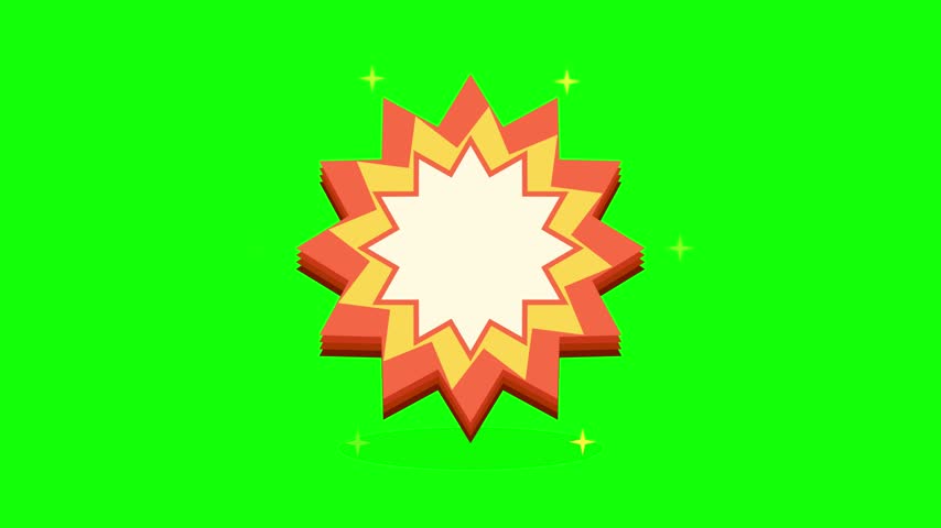 A vibrant cartoon star burst icon explodes with orange and yellow hues against a bright green background, suitable for digital graphics and web design.