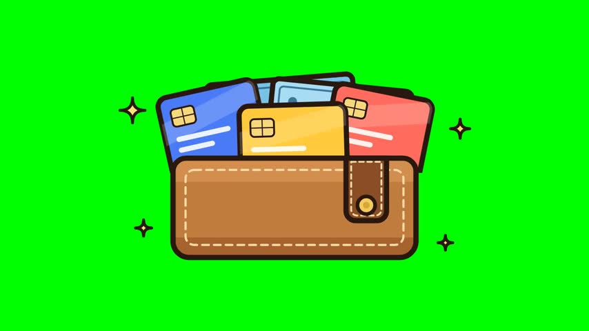 An animated cartoon wallet filled with credit cards and cash on a green screen chroma key background.