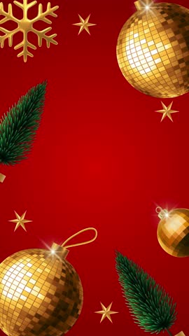 Floating gold baubles and pine branches on a bright red backdrop.