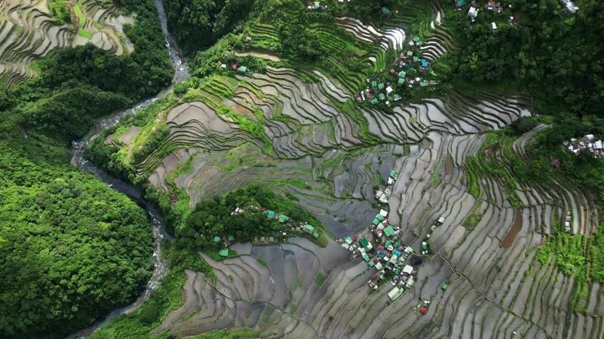 Aerial view of Batad Rice Terraces with lush green slopes, winding irrigation channels, and small village houses nestled in the mountains in Banaue, Cordillera Administra, Philippines.
