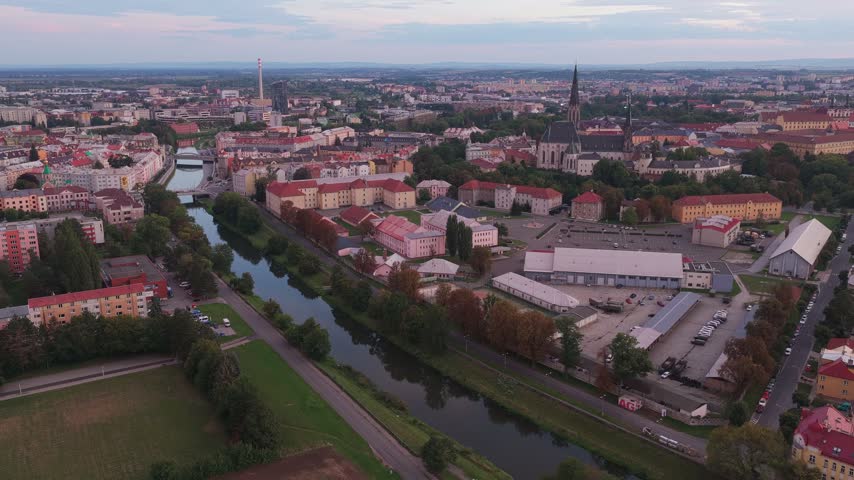 Aerial view of the historic city of Olomouc with its river, rooftops, and church spires in Olomouc, Olomouc Region, Czechia.