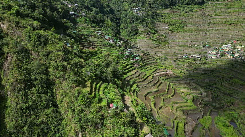 Aerial view of Batad Rice Terraces with lush green slopes and small village houses nestled in the mountains in Banaue, Cordillera Administra, Philippines.