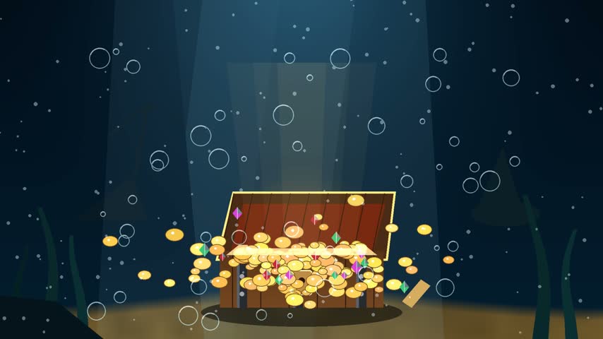 New Year 2027, Sunken Treasure Chest. Deep Sea Gold Animation. A sunken treasure chest glows with golden light on the deep ocean floor, coins and bubbles rising through shimmering rays.