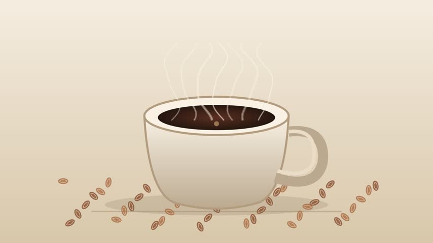 A white ceramic cup filled with dark hot coffee, emitting steam, surrounded by scattered coffee beans on a light textured surface.