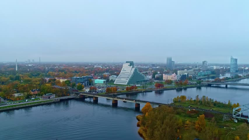 Aerial view of the National Library of Latvia, also known as the Castle of Light, situated along the Daugava River in Riga, Latvia.