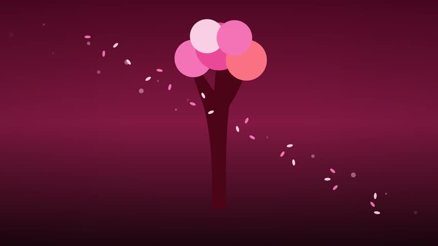 Beautiful 2D vector animation of the Tree of Life with lush pink blossom canopy swaying in wind and cascading petals for Outubro Rosa. Rendered in seamless 60fps 2D vector motion graphic animation.