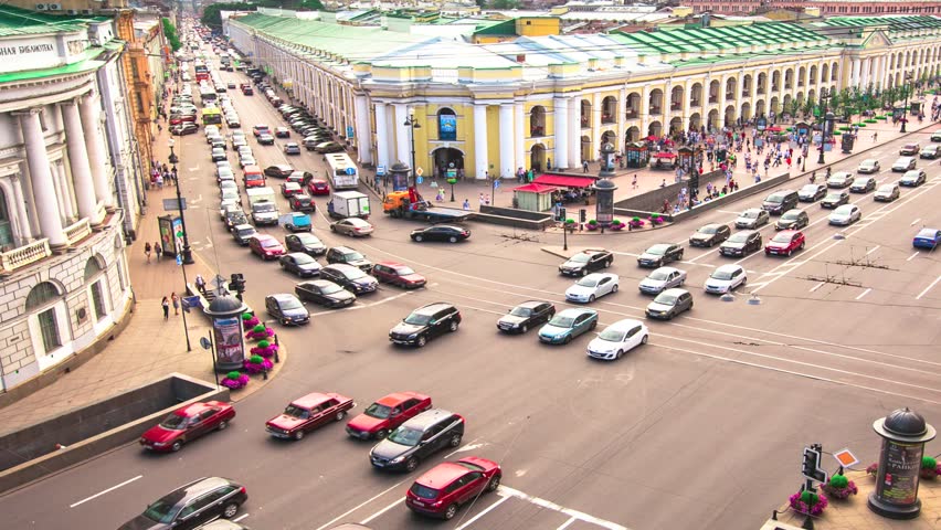 ST.PETERSBURG, RUSSIA - JUN 27: Time-lapse: top view of Metro and mall Gostiny