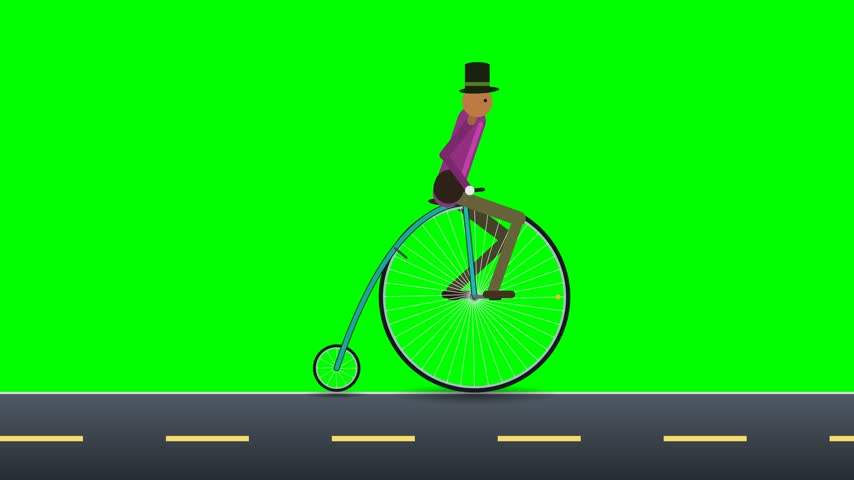 Flat design animation frame of a gentleman wearing a black top hat and purple jacket riding a retro penny-farthing bicycle with a large front wheel along an asphalt road with yellow lane markings. Set against a solid chroma key green background for easy replacement. Ideal for history, vintage transportation, Victorian era, retro lifestyle, cycling, and motion graphics projects.