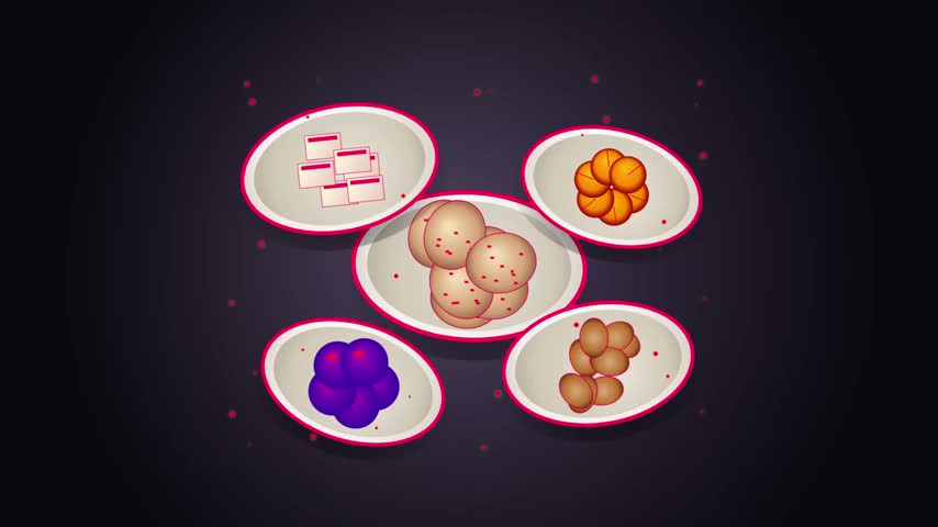 Assorted traditional sweet desserts and snacks served in decorative bowls on glowing dark purple background.