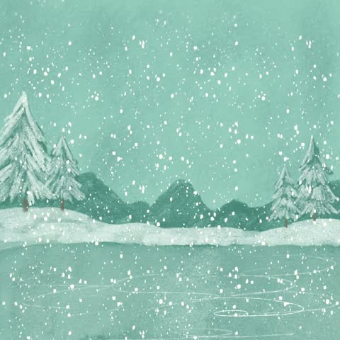 Cute animated polar bear ice skating on a frozen lake in a snowy winter landscape. Adorable white bear wearing a blue polka dot hat and matching scarf, surrounded by falling snowflakes, snow-covered pine trees, and distant mountains. Charming hand-drawn watercolor illustration in soft turquoise and pastel tones with a cozy, whimsical atmosphere. Perfect for Christmas greetings, winter holiday animations, children
