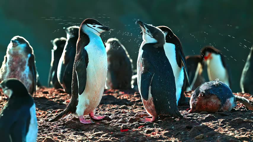 Chinstrap penguin colony on rocky terrain at sunset.