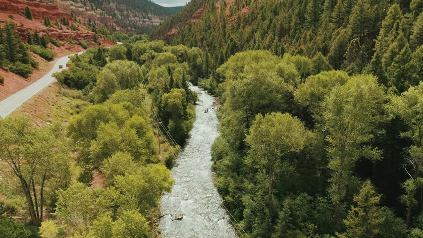 Whitewater rafts on a forest river in Colorado aerial