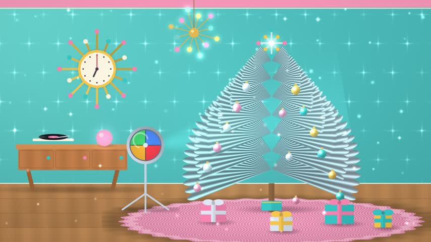 A groovy 1960s Christmas living room glows in this 4K Christmas animation, rendered with 3x3 supersampling anti aliasing for razor sharp edges. A shimmering silver aluminum Christmas tree with shiny pink, turquoise, silver, and gold baubles and a pulsing sputnik star stands on a pink shag rug while a floor lamp with a rotating color wheel washes it in changing red, amber, green, and blue light. The turquoise wall carries a starburst clock with a sweeping second hand and a sputnik chandelier, a teak credenza holds a spinning record and a glowing pink globe lamp, and retro wrapped gifts with big bows sit under the tree. A sweep of sparkle runs across the metal needles and glitter drifts through the air. Every turn of the wheel, the record, and the clock repeats in a continuous unbroken cycle. Nostalgic, bright, and family friendly, it suits retro and vintage themed promos, holiday greetings, invitations, social media, seasonal sales, and festive video backgrounds.