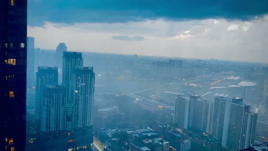 A rainy day, a tall building