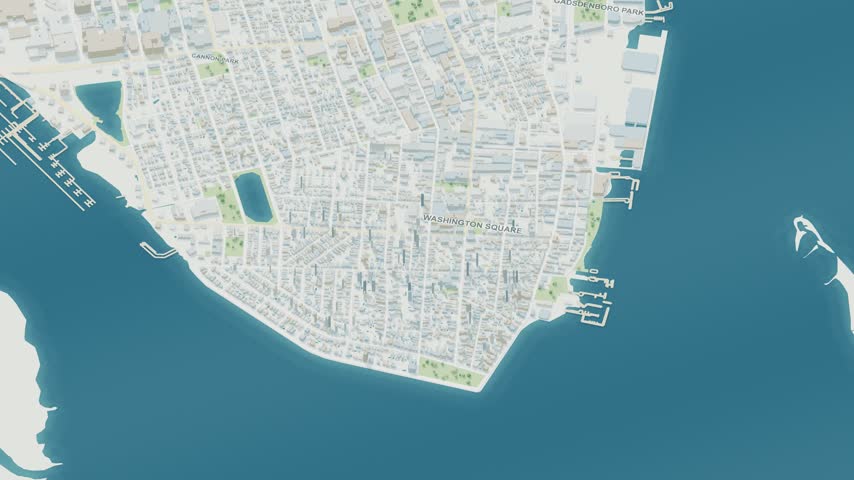 3D map animation of Charleston city in United States with a continuous pullback. Stylized buildings and mapped streets.