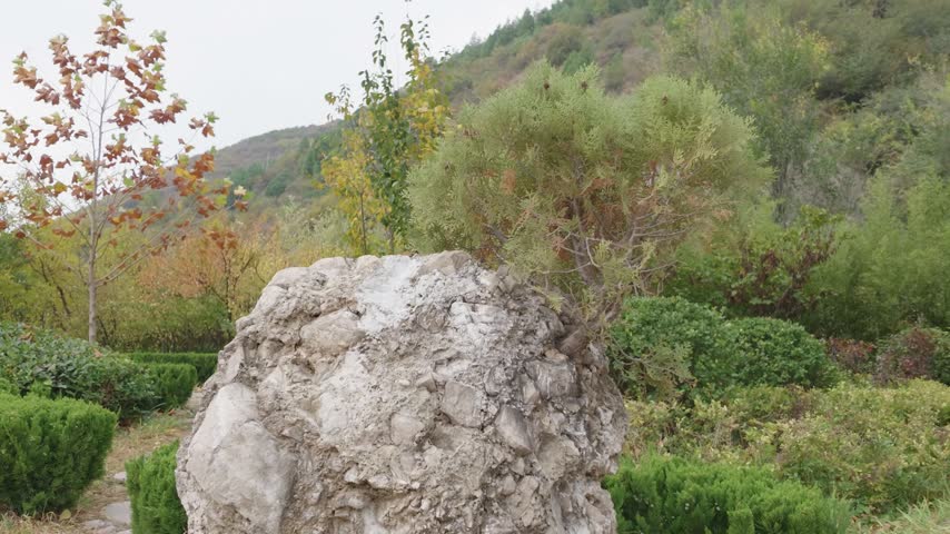 Mountain landscape with weathered limestone boulder and rock formation amid autumn vegetation, tranquil forest garden, colorful foliage, green shrub, and wooded hillside scenery alcove