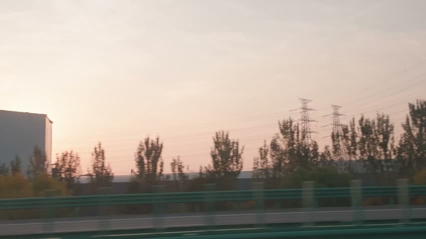 Sunset Power Tower and Transmission Line with Poplar Tree in Industrial Landscape, Rural Landscape, Evening Light, Warm Light, Electricity Infrastructure, China Travel View