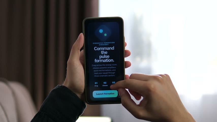 Person plays a futuristic mobile strategy game on a smartphone, controlling a digital formation through glowing routes, shields and rival forces in an immersive tactical interface.