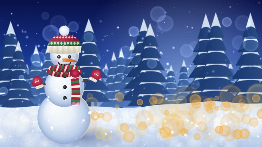 Cute snowman with scarf and hat in a winter snowy forest landscape at night
