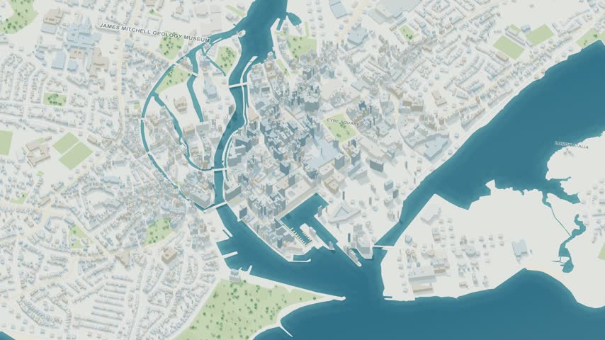 3D map animation of Galway city in Ireland with a continuous pullback. Stylized buildings and mapped streets.