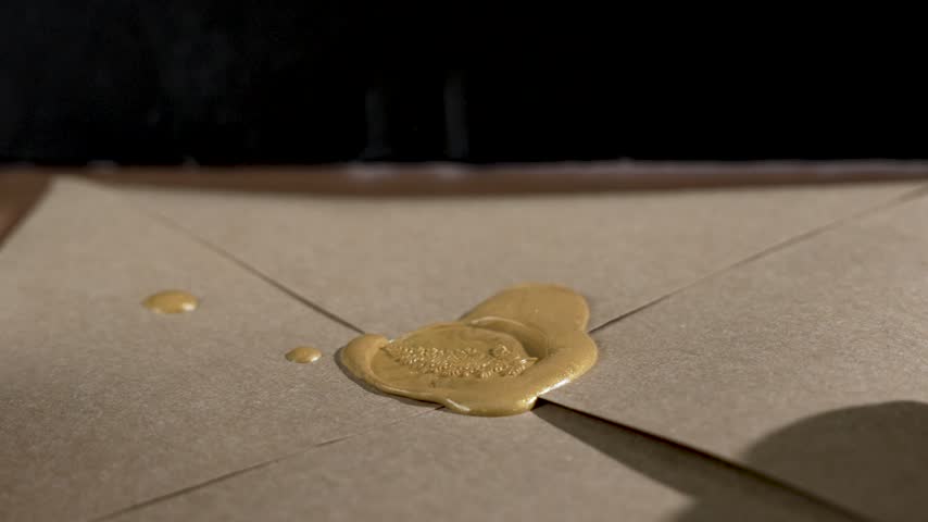 Camera moves over a gold wax seal with an embossed leaf motif closing a kraft envelope flap, with small wax drops nearby on a dark set.