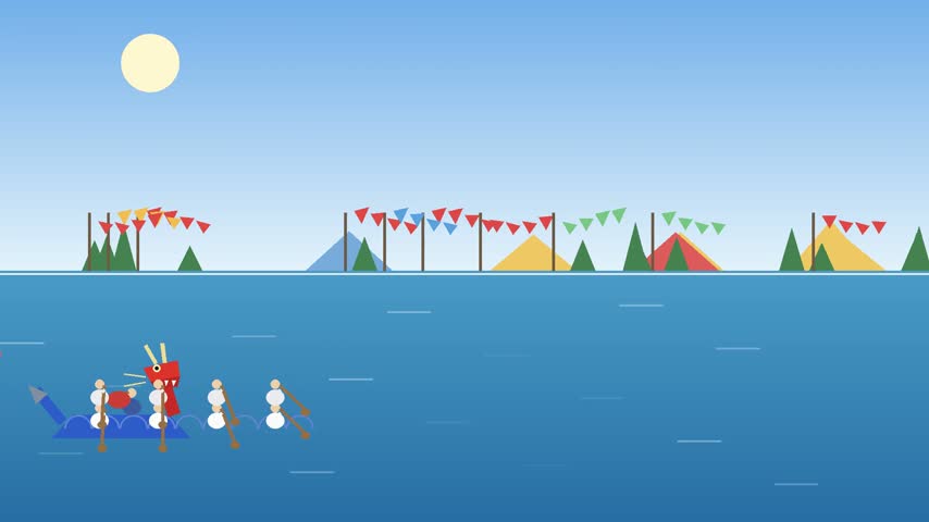 Animated dragon boat race with paddlers on a lake, animated background
