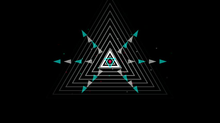 Gray geometric triangle lines rise vertically against a black background with teal and red accents, ending with the shapes expanding upward across the frame.