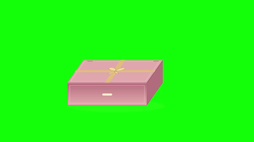 A pink bakery box opens to reveal an assortment of decorated cupcakes on a green screen.