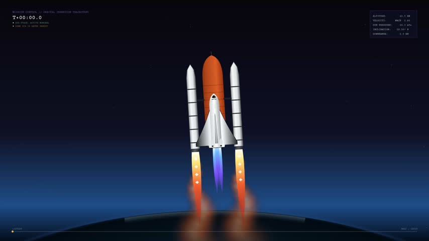 Animated space shuttle launching into orbit with bright rocket boosters and telemetry data on screen