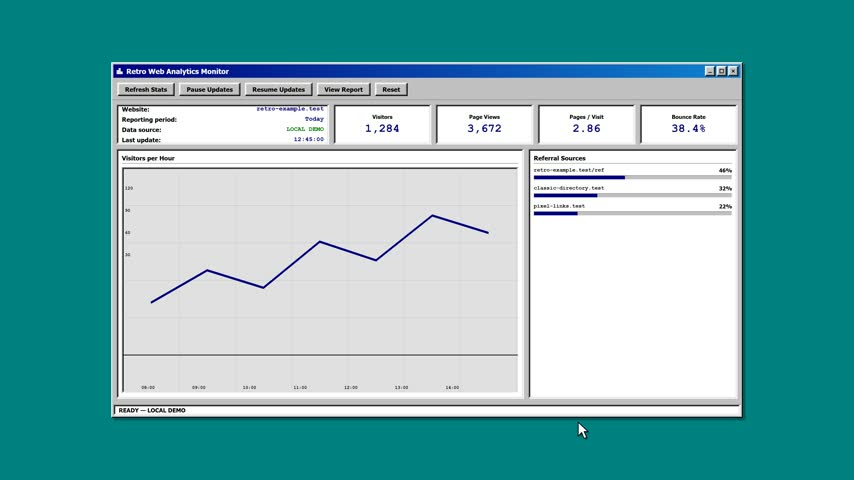 Vintage website analytics utility interface showing visitor statistics, page views, referral progress bars, animated traffic graph, interactive report.