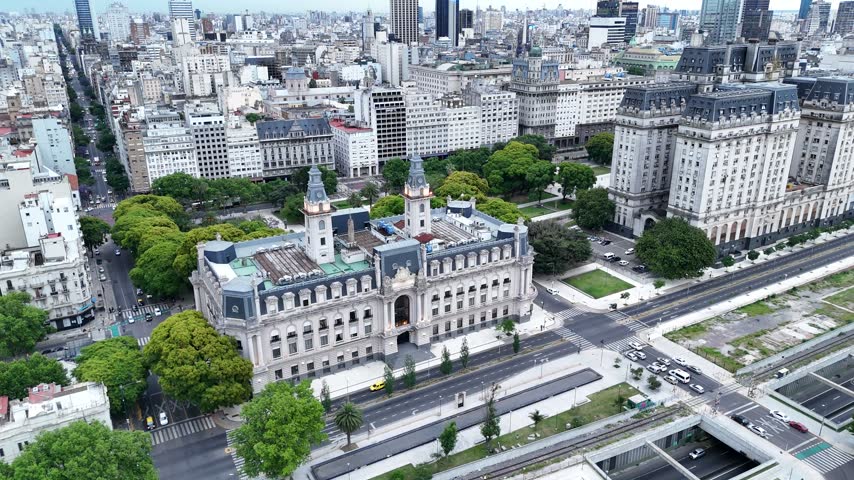 Aerial view of the historic Palacio Libertad surrounded by urban streets and lush trees in Buenos Aires, Buenos Aires, Argentina.