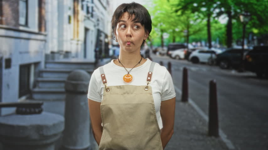 Woman wearing apron puckers lips, hands behind back on urban street with parked cars and stone bollards near building facade; curiosity exploration.