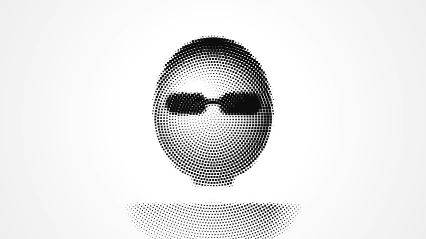 Monochrome halftone raster animation of a stylized human head wearing sunglasses on a plain white backdrop.