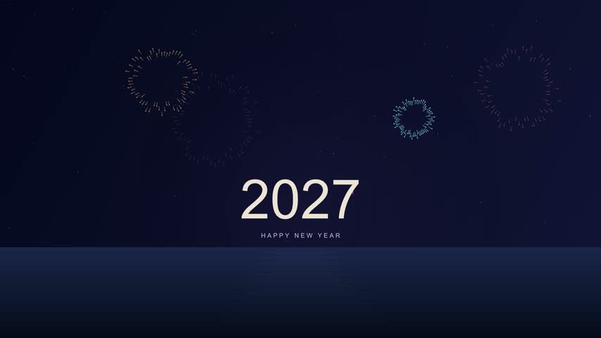 Colored fireworks expand and fade around a centered 2027 Happy New Year greeting against a dark sky above reflective water.