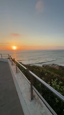Scenic sunset over coastal beach and ocean waves with a seagull flying in golden twilight sky.