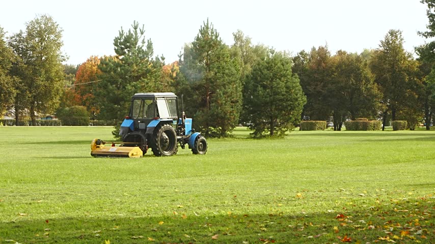 Blue tractor with mower cutting green grass on a large park lawn during autumn, real time