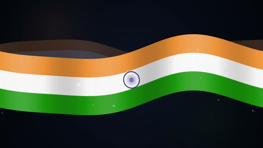 Waving national flag of India with Ashoka chakra emblem. Smooth panning motion on dark background. Ideal for patriotic projects, national holidays, and broadcast graphics.
