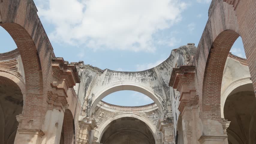 Santiago Cathedral ruins arches sky, Antigua Guatemala, Guatemala.