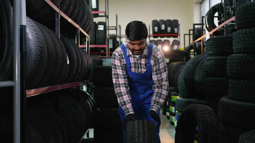 Professional mechanic carrying a new car tire inside a warehouse