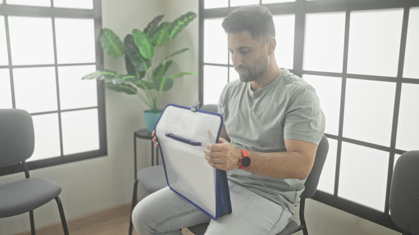 Man sitting on chair in a bright office building holds a blue binder, opens it and rubs his forehead while waiting; thoughtful patience.