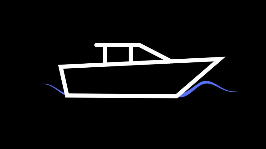 Animated white boat icon floating on blue neon waves with a dark black background. Ideal for modern travel, marine, nautical transport vector graphic projects.